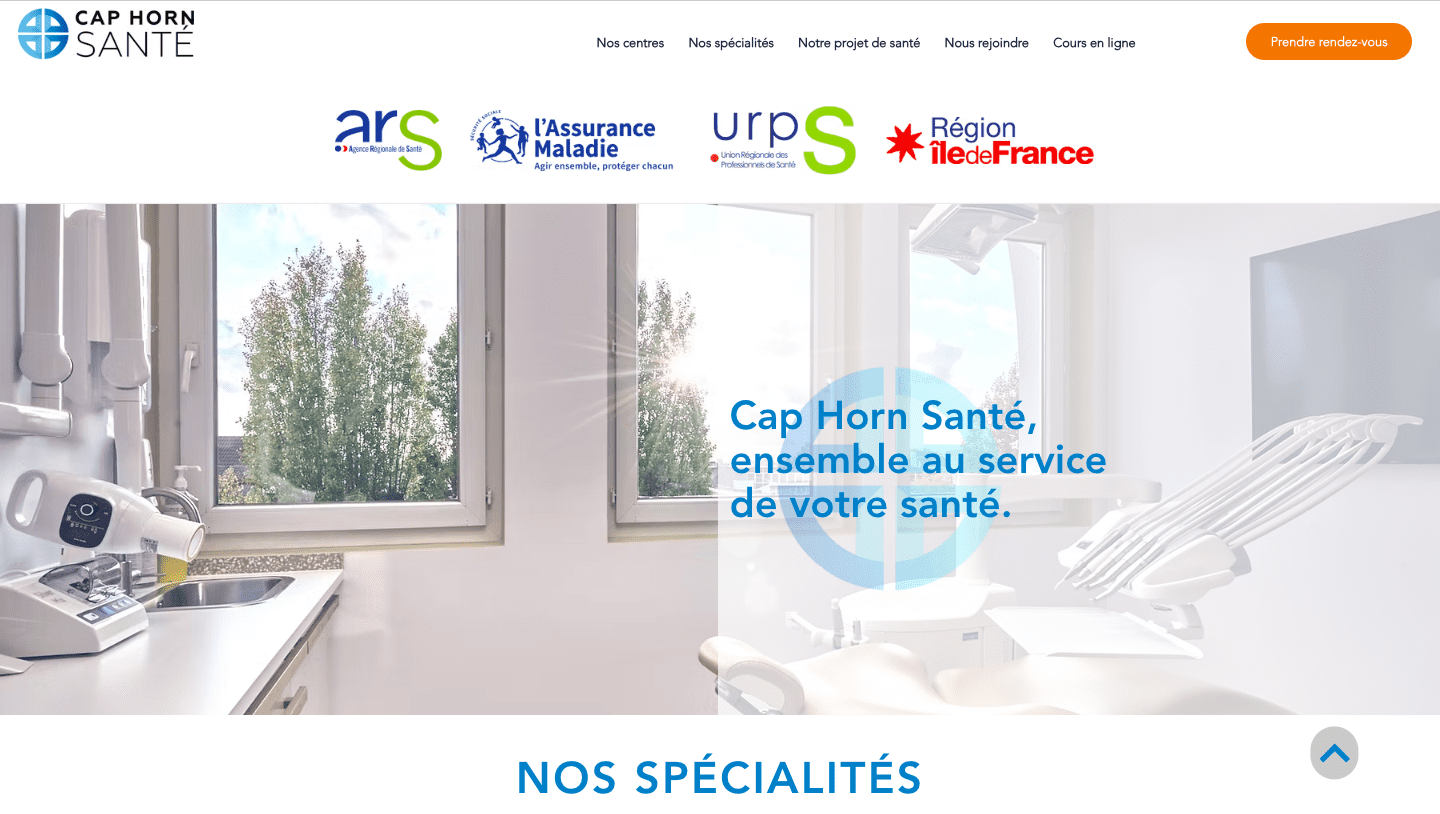 Page d'accueil du site Cap Horn Santé réalisé par The Wiker
