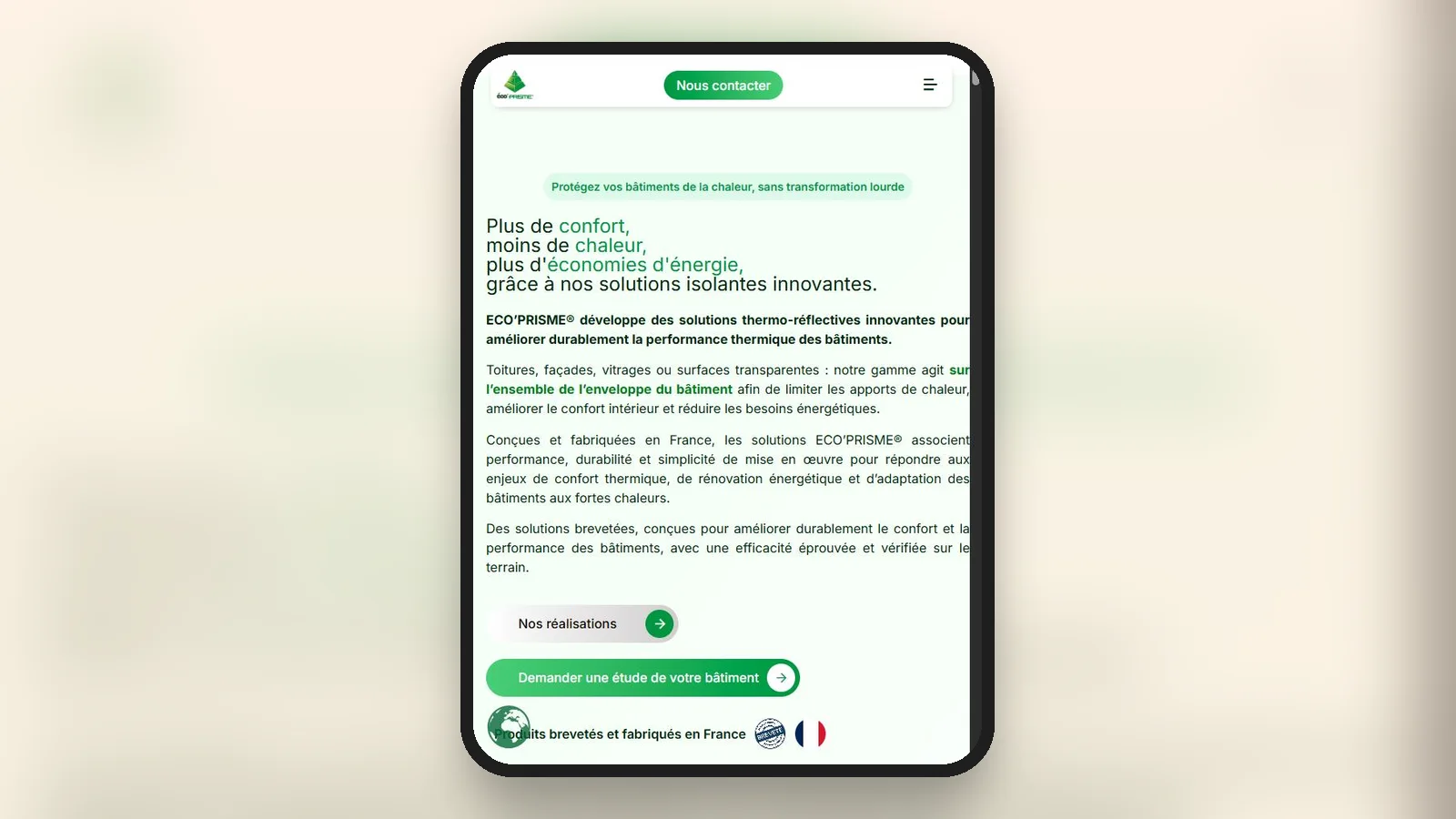 Page d'accueil du site Éco'Prisme réalisé par The Wiker