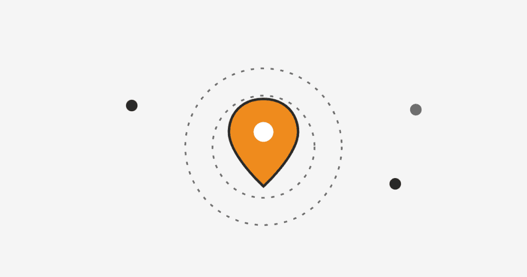 Illustration : un repère de carte et des cercles de proximité. Un repère orange au centre de cercles concentriques gris, évoquant une zone de recherche locale.
